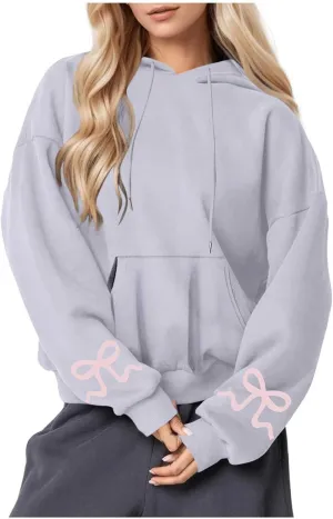 Womens Bow Trim Print Fleeced Hoodies Oversized Long Sleeve Hooded Sweatshirts Cute Print Drop Shoulder Pullover Top