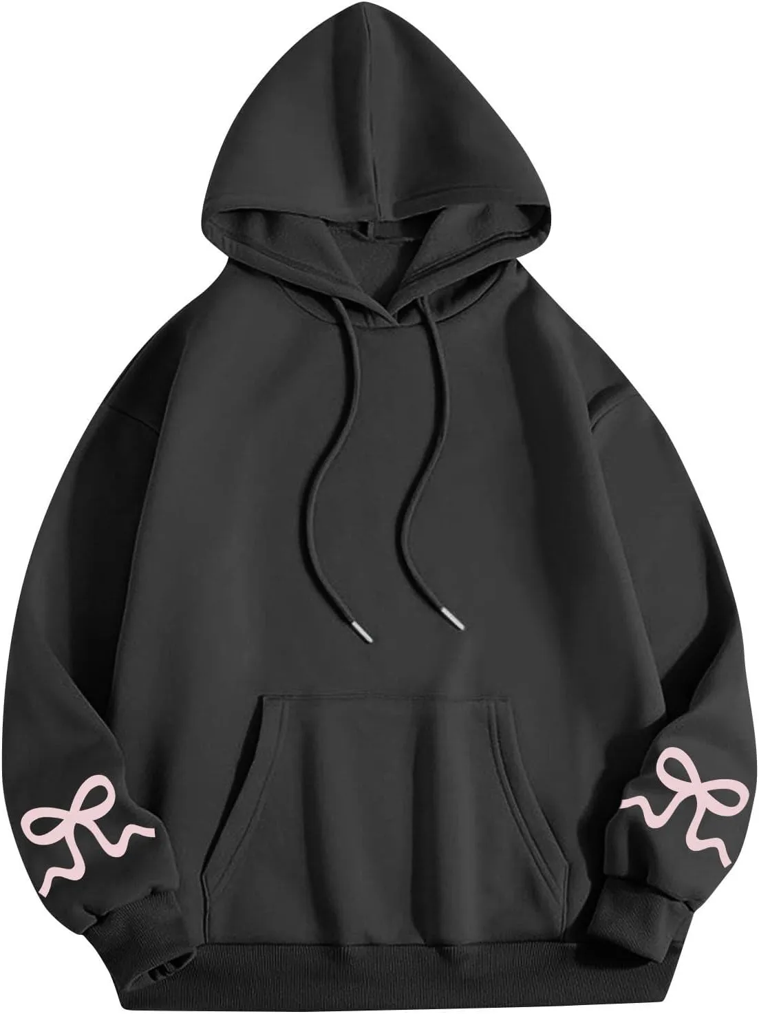 Womens Bow Trim Print Fleeced Hoodies Oversized Long Sleeve Hooded Sweatshirts Cute Print Drop Shoulder Pullover Top