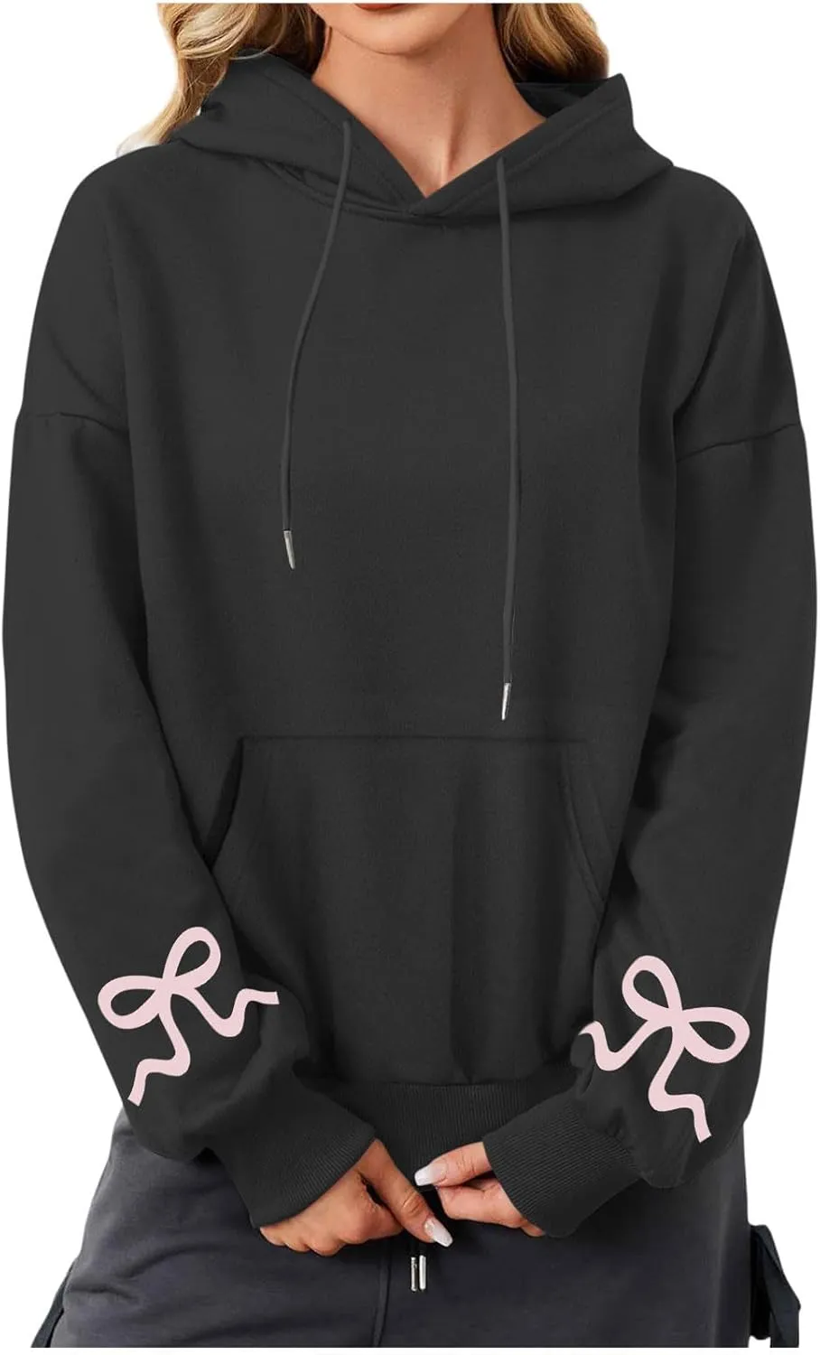 Womens Bow Trim Print Fleeced Hoodies Oversized Long Sleeve Hooded Sweatshirts Cute Print Drop Shoulder Pullover Top