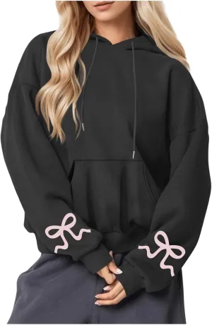 Womens Bow Trim Print Fleeced Hoodies Oversized Long Sleeve Hooded Sweatshirts Cute Print Drop Shoulder Pullover Top