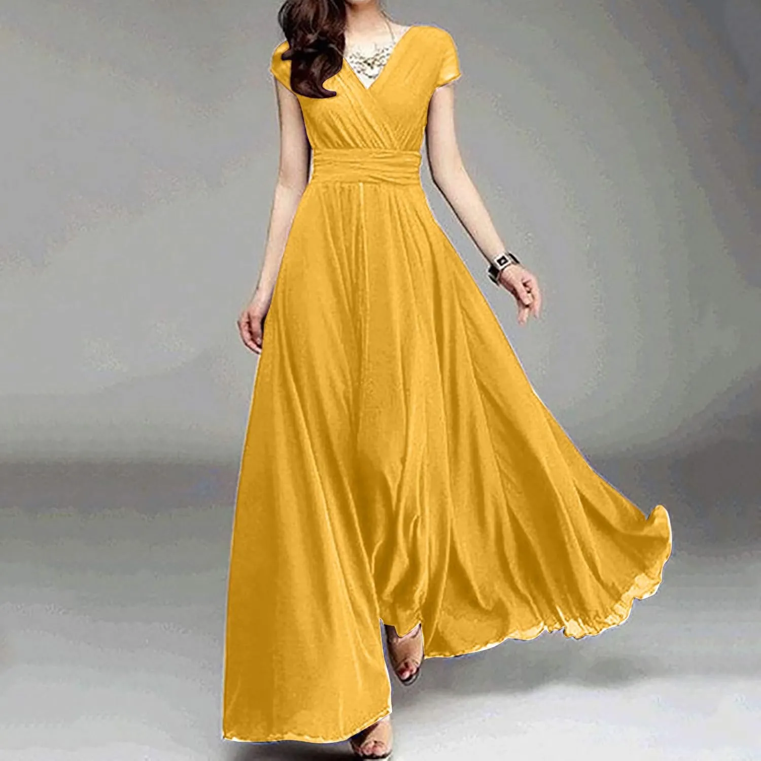 Women's Bridesmaid Dresses Short Sleeve Long Summer Chiffon Formal Evening Gown Wedding Guest Dresses