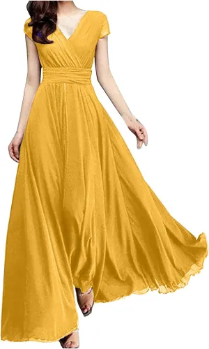 Women's Bridesmaid Dresses Short Sleeve Long Summer Chiffon Formal Evening Gown Wedding Guest Dresses