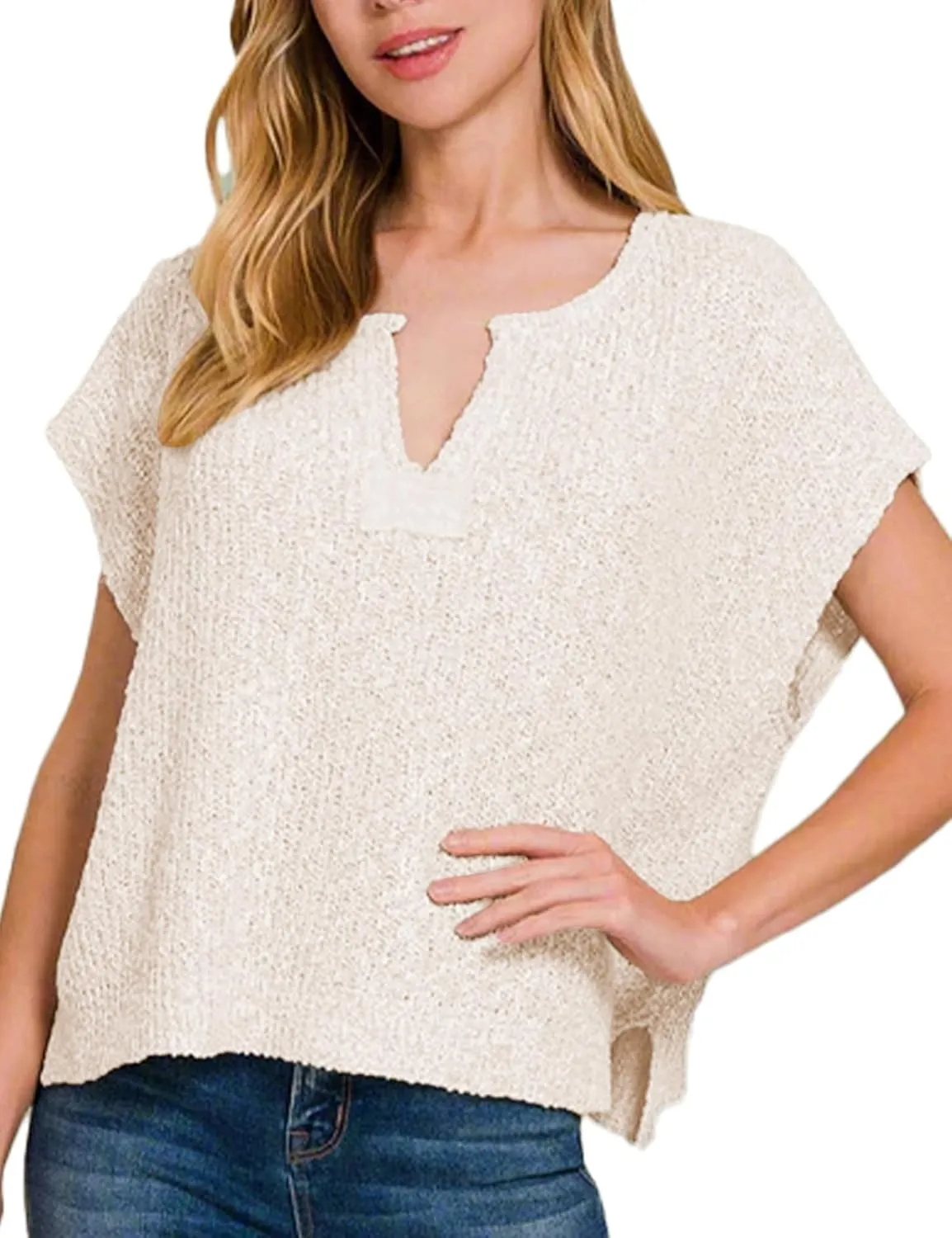 Womens Cap Sleeve Tops Spring Fall Casual V Neck Loose Fit Knit Lightweight Sweater Pullover Top