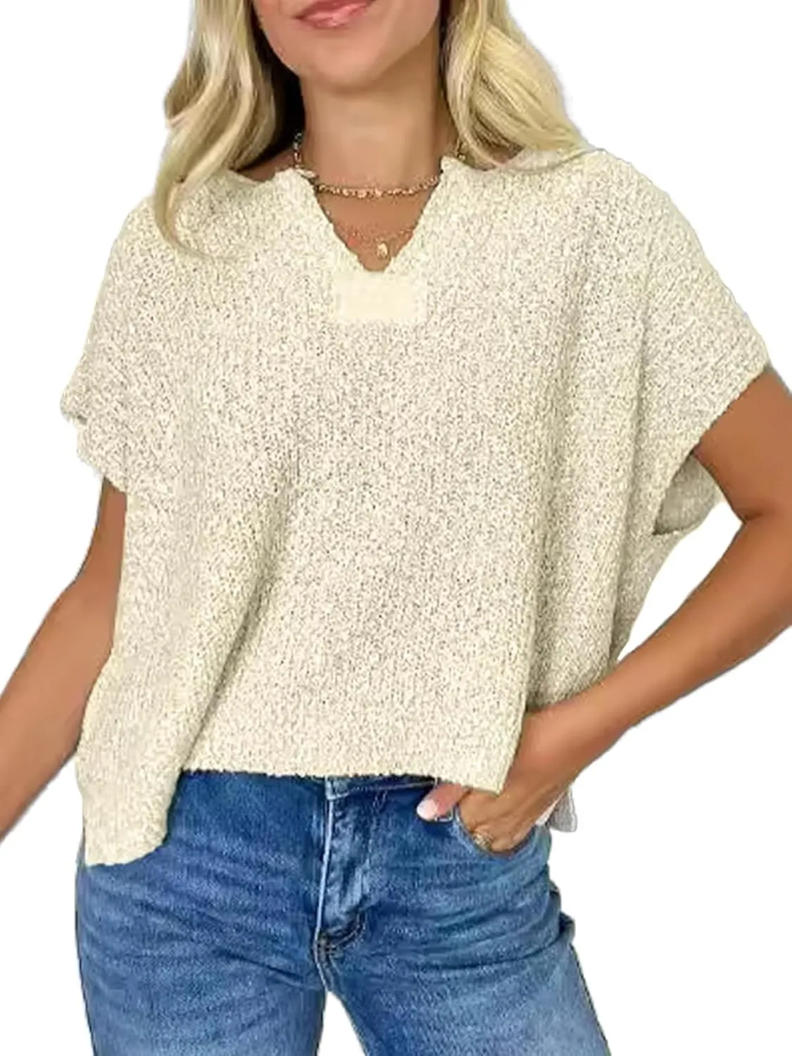 Womens Cap Sleeve Tops Spring Fall Casual V Neck Loose Fit Knit Lightweight Sweater Pullover Top