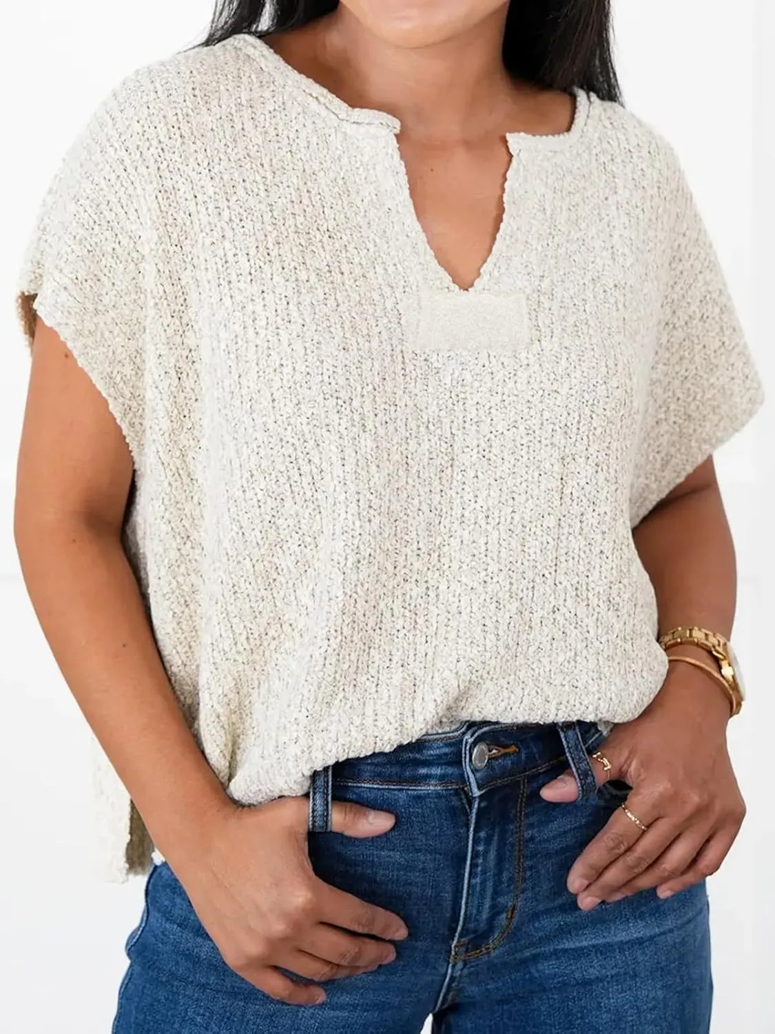 Womens Cap Sleeve Tops Spring Fall Casual V Neck Loose Fit Knit Lightweight Sweater Pullover Top