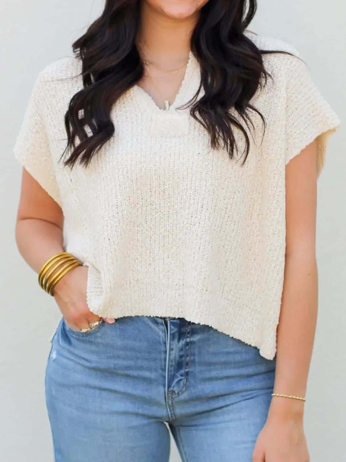 Womens Cap Sleeve Tops Spring Fall Casual V Neck Loose Fit Knit Lightweight Sweater Pullover Top