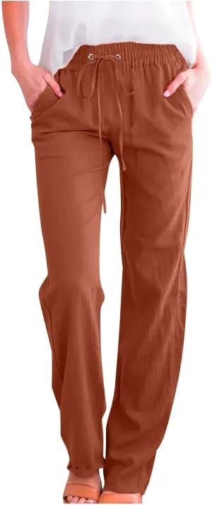 Womens Casual Linen High Waist Pants Drawstring Loose Fit Summer Pants Comfy Work Trousers with Side Pockets