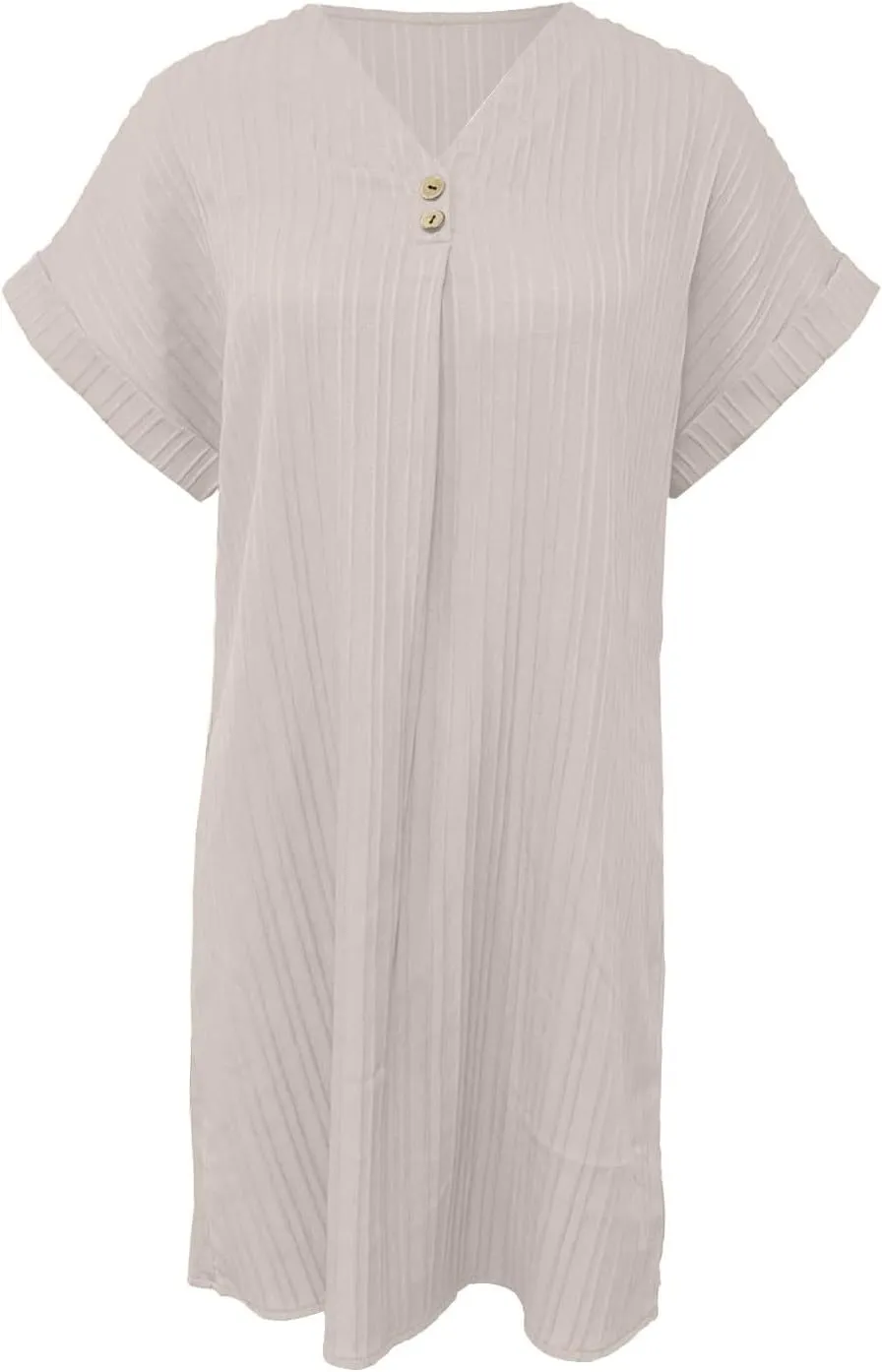 Women's Casual T Shirt Dress Summer V Neck Button Short Sleeve Dresses 2025 Mini Sundresses Linen Dress Women