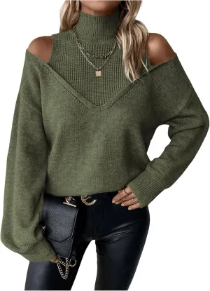 Women's Cold Shoulder Sweater Sexy Turtlneck Cut Out Pullover Sweater Casual Long Sleeve High Neck 2 in 1 Tops