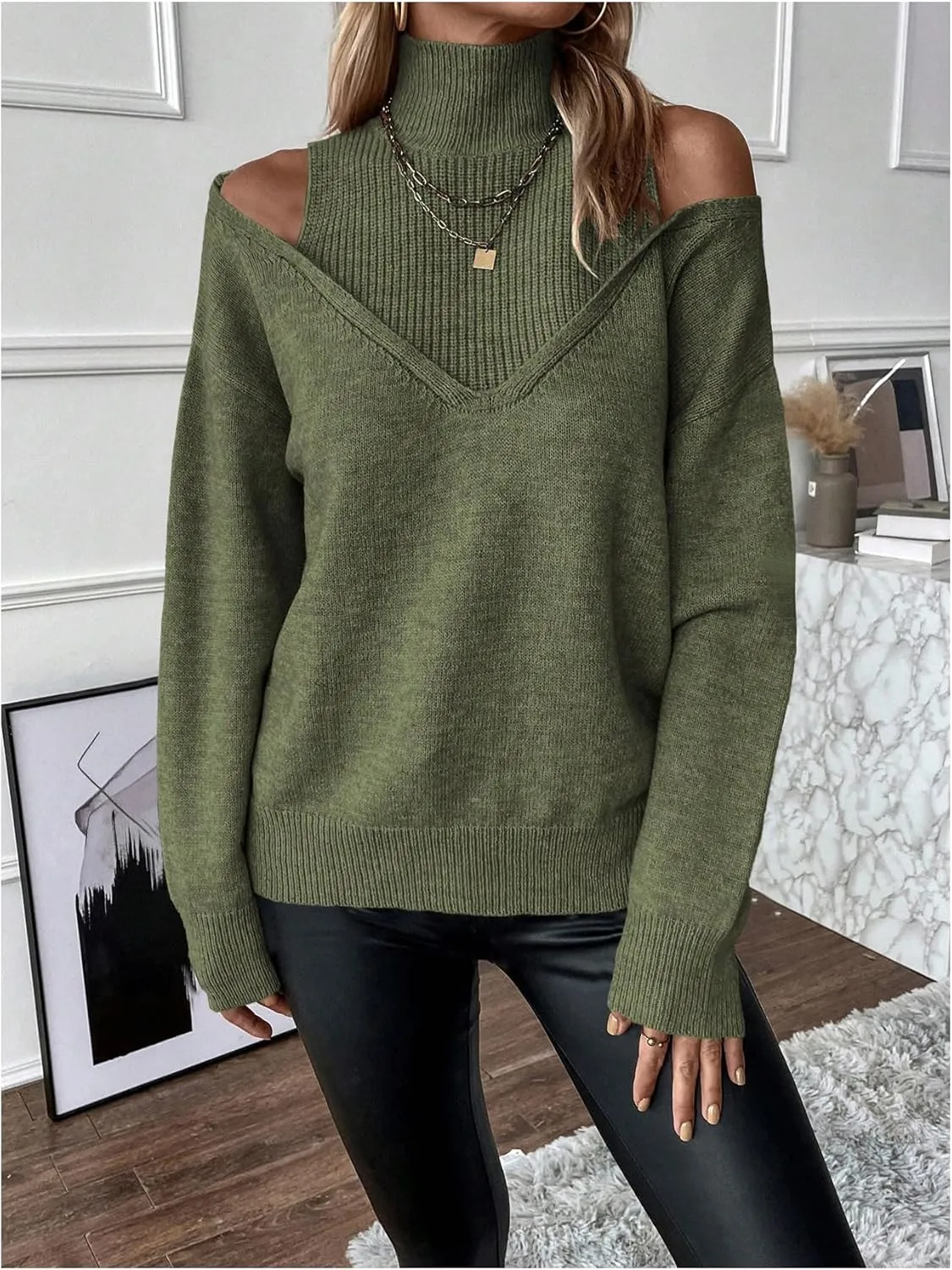 Women's Cold Shoulder Sweater Sexy Turtlneck Cut Out Pullover Sweater Casual Long Sleeve High Neck 2 in 1 Tops