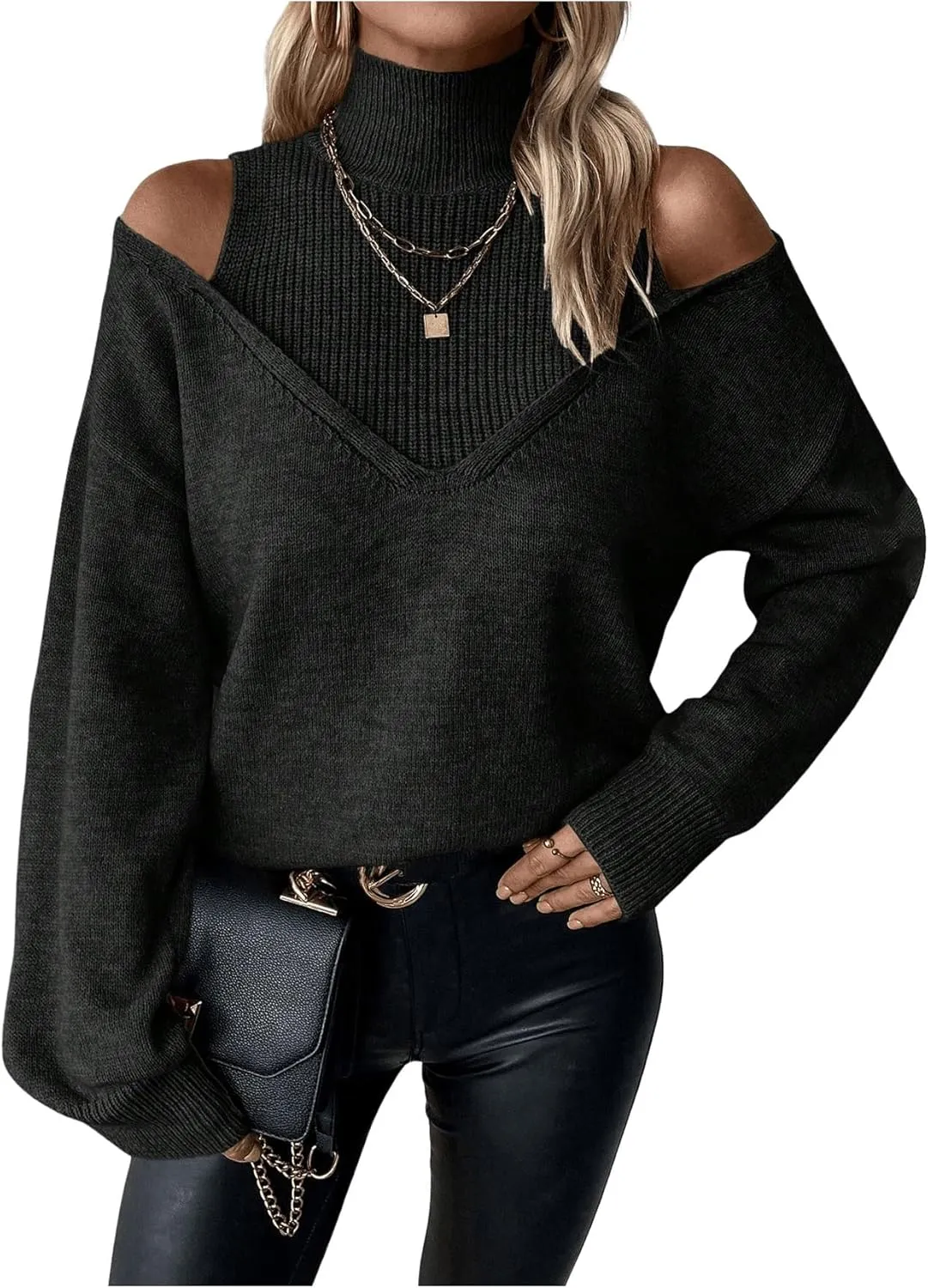 Women's Cold Shoulder Sweater Sexy Turtlneck Cut Out Pullover Sweater Casual Long Sleeve High Neck 2 in 1 Tops