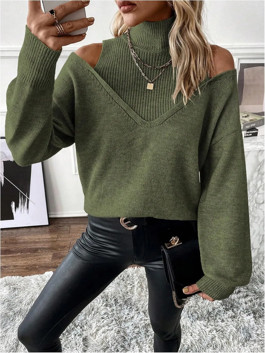 Women's Cold Shoulder Sweater Sexy Turtlneck Cut Out Pullover Sweater Casual Long Sleeve High Neck 2 in 1 Tops