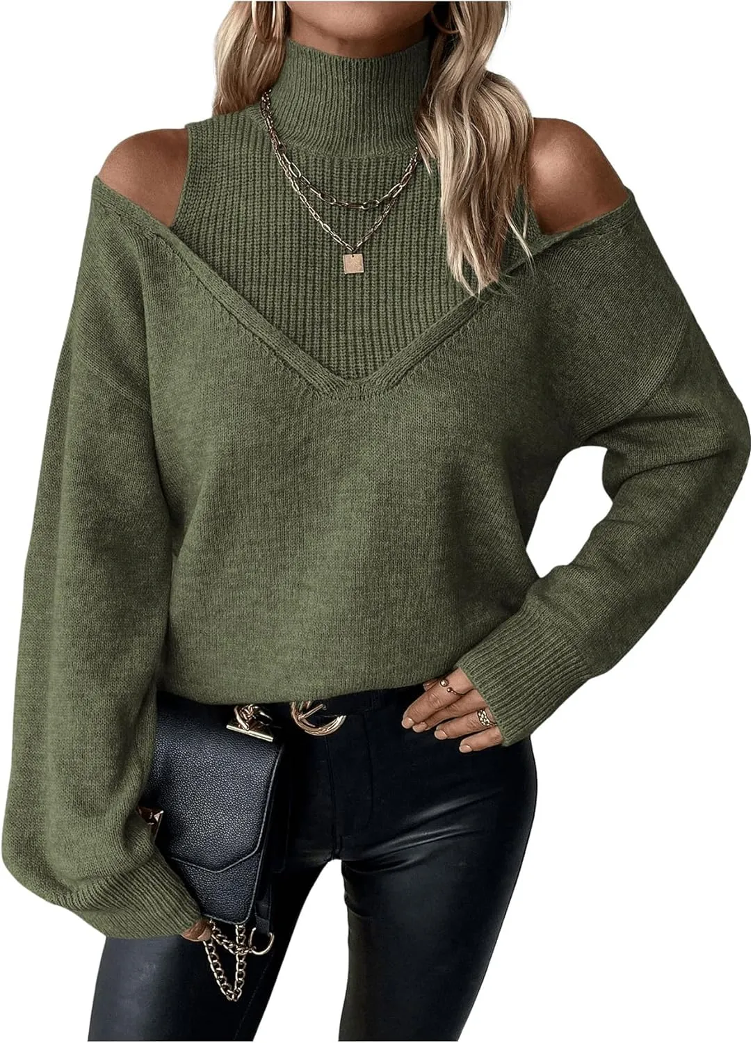 Women's Cold Shoulder Sweater Sexy Turtlneck Cut Out Pullover Sweater Casual Long Sleeve High Neck 2 in 1 Tops