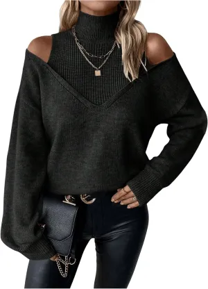 Women's Cold Shoulder Sweater Sexy Turtlneck Cut Out Pullover Sweater Casual Long Sleeve High Neck 2 in 1 Tops