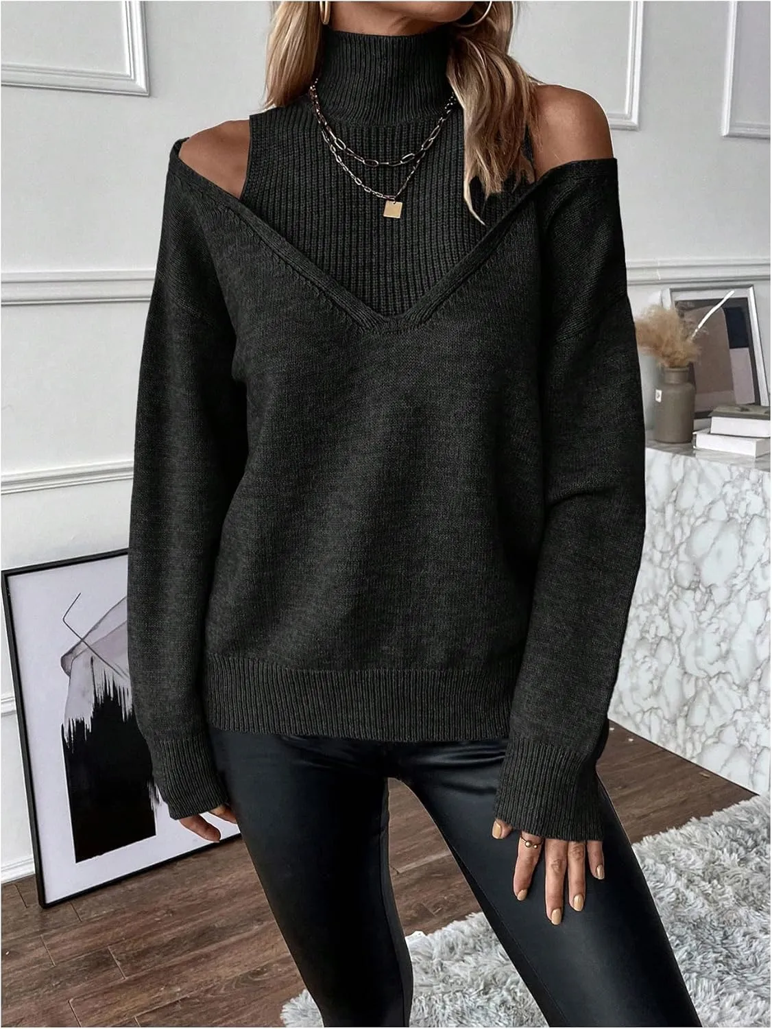Women's Cold Shoulder Sweater Sexy Turtlneck Cut Out Pullover Sweater Casual Long Sleeve High Neck 2 in 1 Tops
