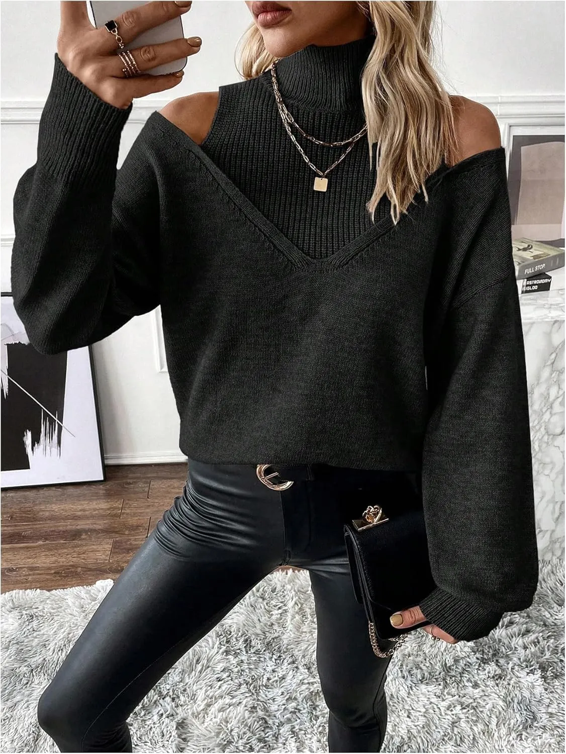Women's Cold Shoulder Sweater Sexy Turtlneck Cut Out Pullover Sweater Casual Long Sleeve High Neck 2 in 1 Tops