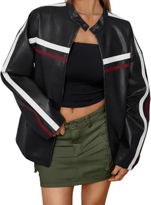Womens Color Block Faux Leather Jacket Trendy Long Sleeve Oversized Vintage Motorcycle Jacket Fall Casual Biker Outwear
