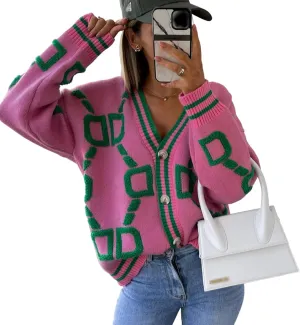 Women's Color Blocking V-Neck Fashionable Loose Sweater Cardigan Long Sleeve Geometric Oversized Knit Sweater Coat
