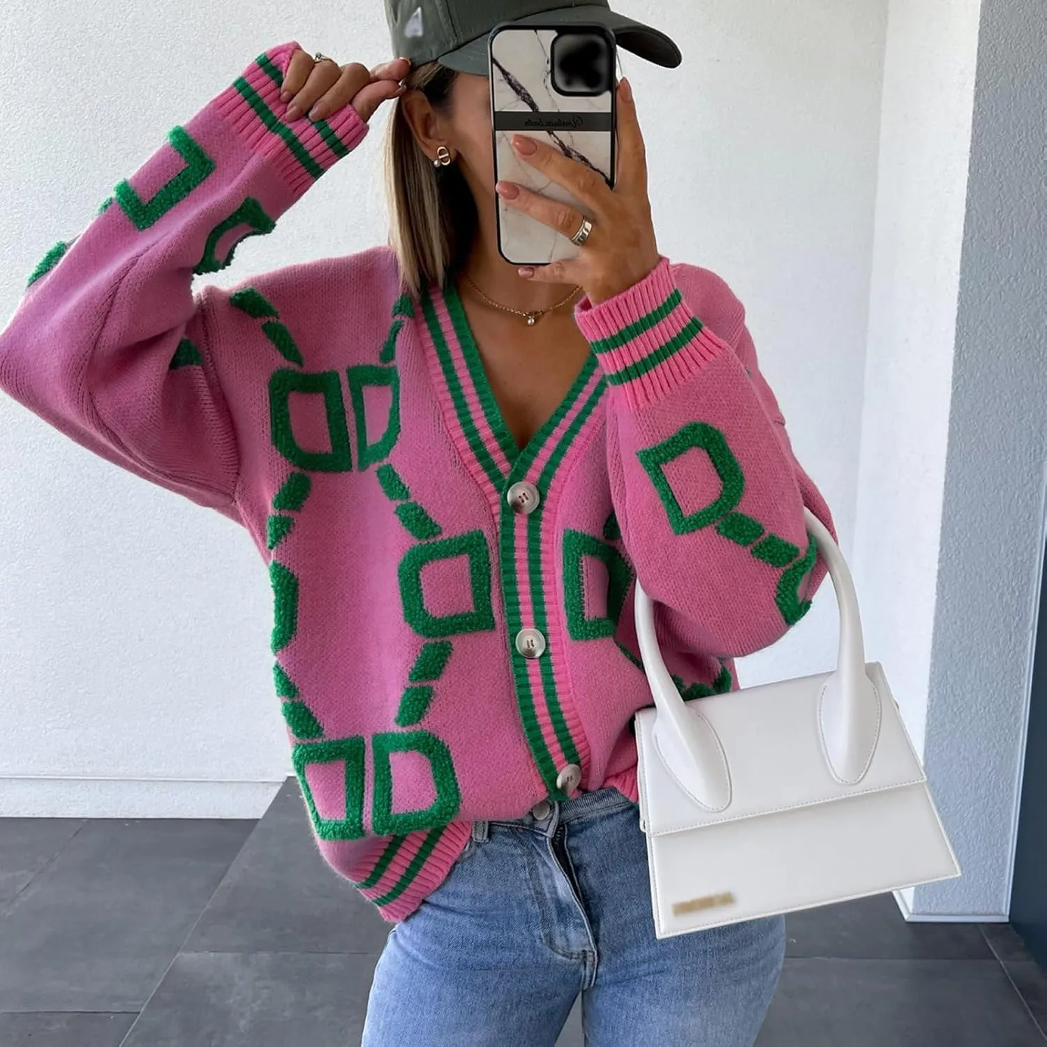 Women's Color Blocking V-Neck Fashionable Loose Sweater Cardigan Long Sleeve Geometric Oversized Knit Sweater Coat
