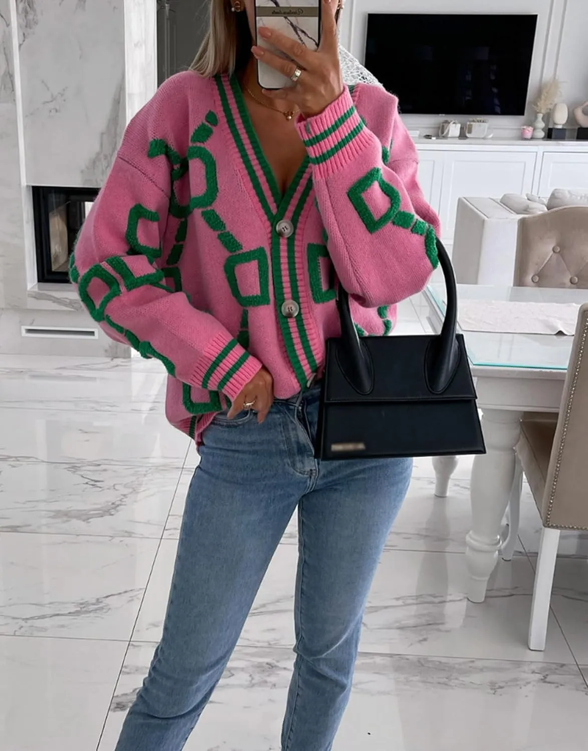 Women's Color Blocking V-Neck Fashionable Loose Sweater Cardigan Long Sleeve Geometric Oversized Knit Sweater Coat