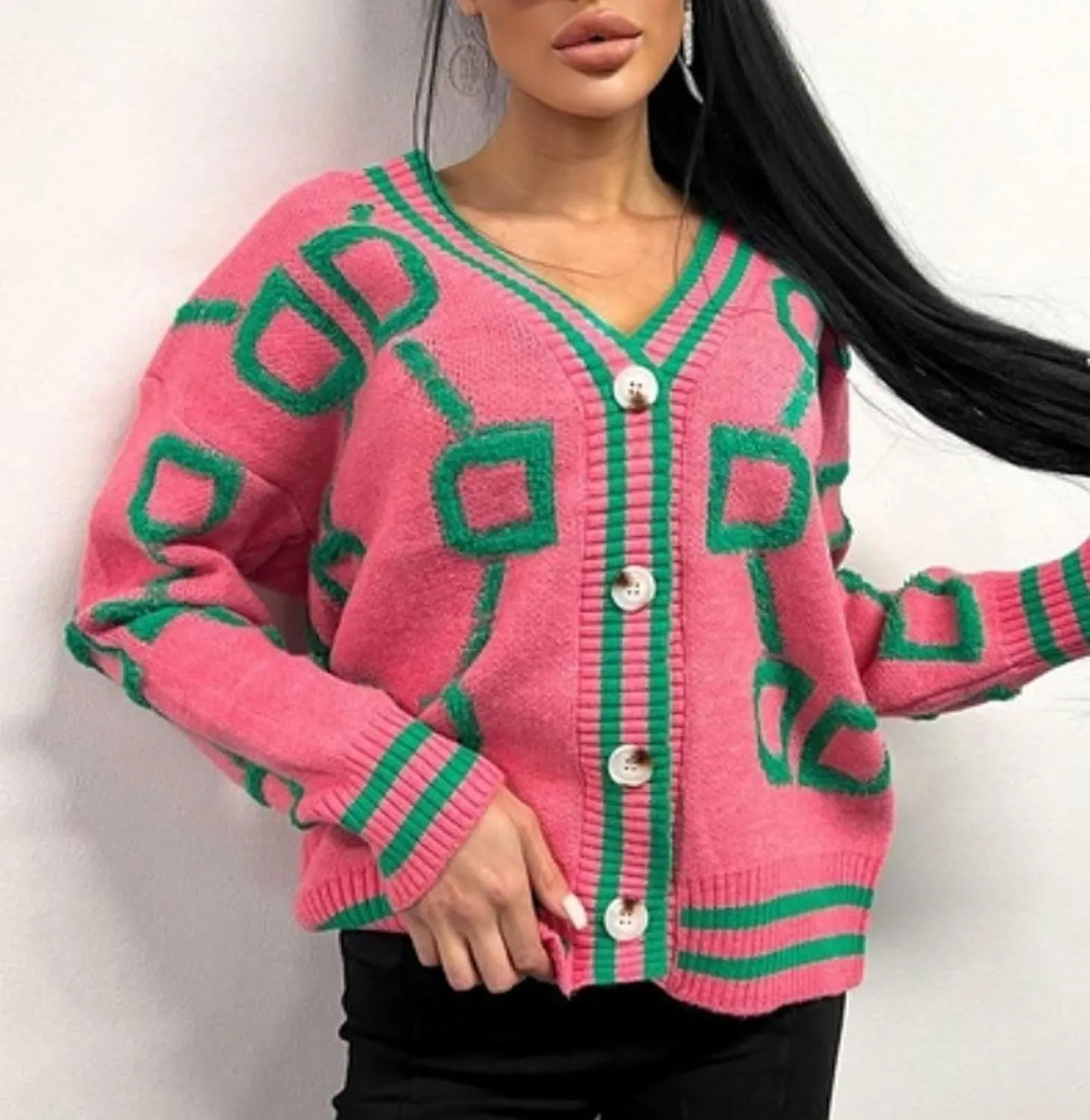Women's Color Blocking V-Neck Fashionable Loose Sweater Cardigan Long Sleeve Geometric Oversized Knit Sweater Coat