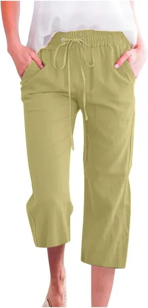 Womens Cotton Linen Capri Pants Casual Summer 2025 Waist Drawstring Straight Wide Leg Cropped Trousers with Pockets Women Cargo Capris Olive Green