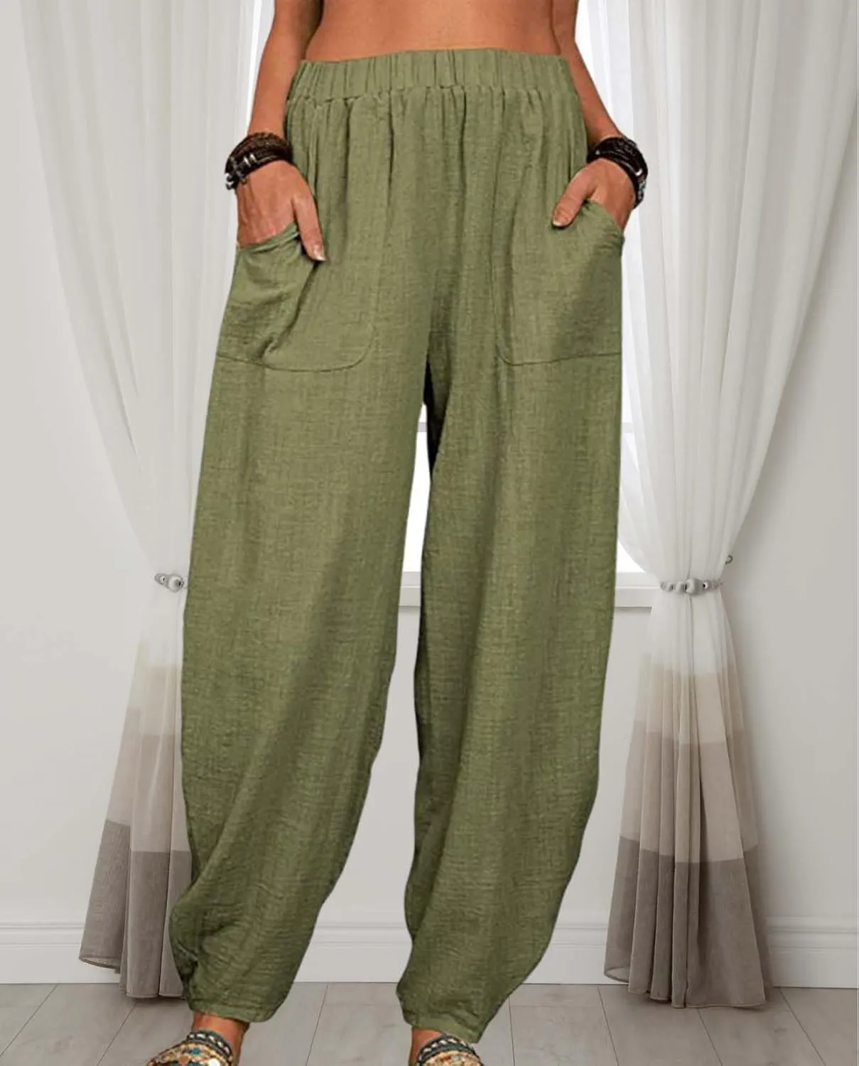 Womens Cotton Linen Harem Pants Lightweight Elastic Waist Wide Leg Yoga Pants Casual Loose Fit Trousers with Pockets