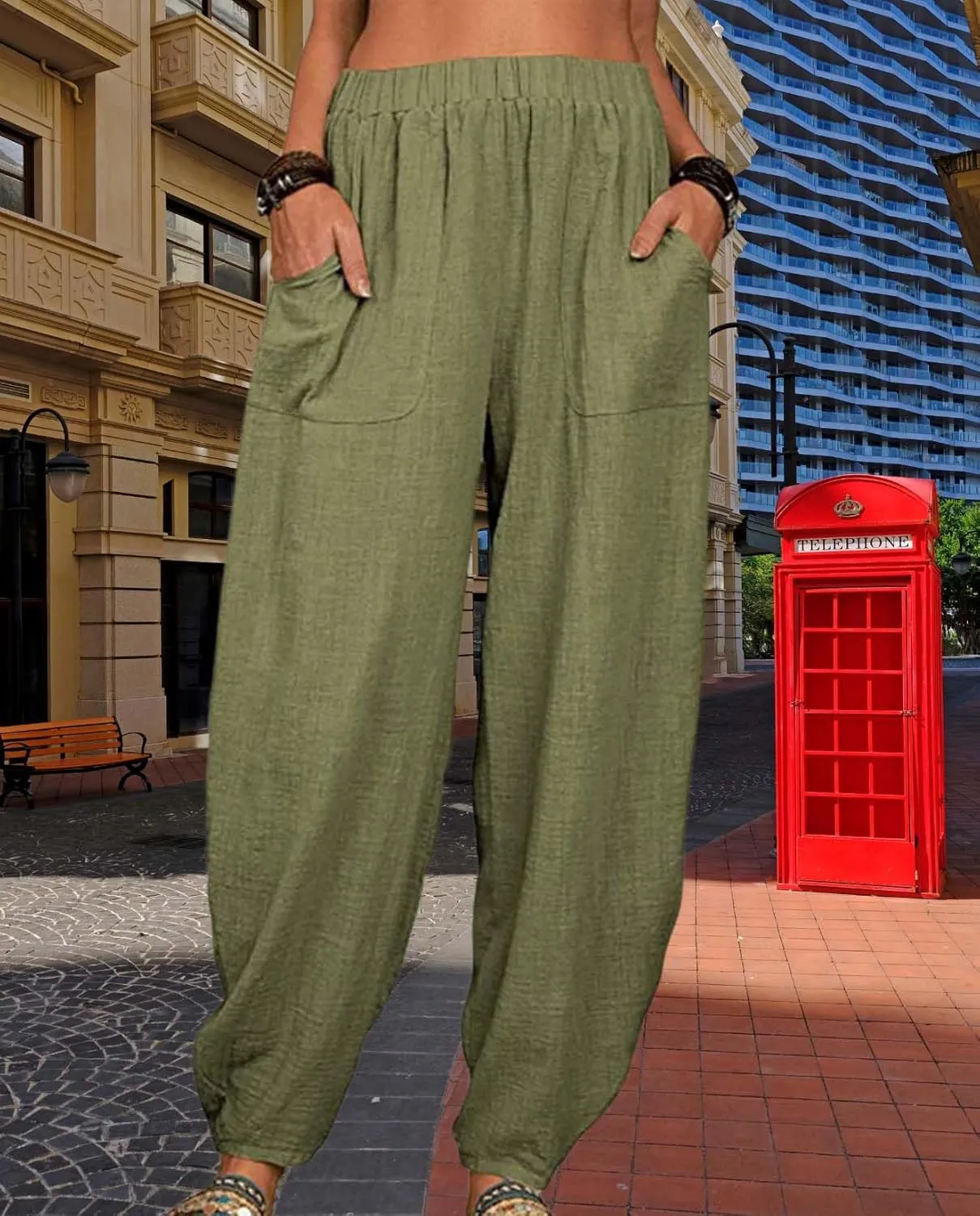 Womens Cotton Linen Harem Pants Lightweight Elastic Waist Wide Leg Yoga Pants Casual Loose Fit Trousers with Pockets