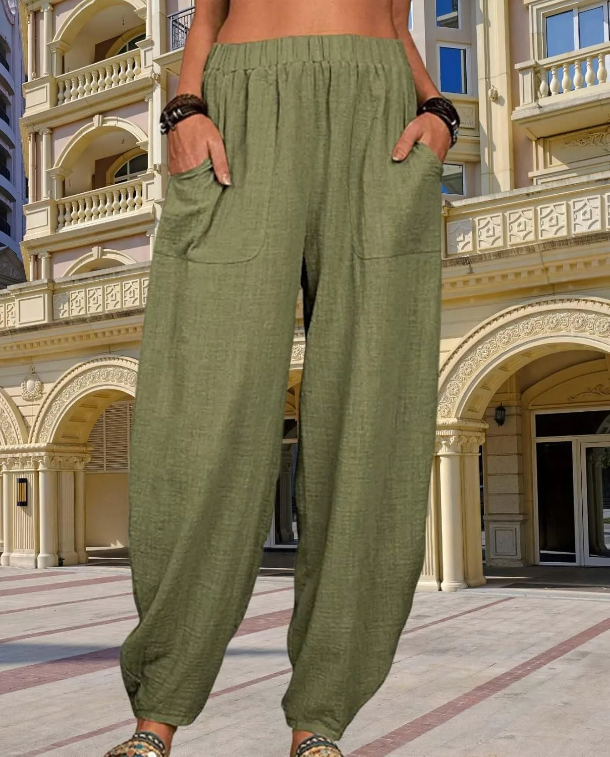 Womens Cotton Linen Harem Pants Lightweight Elastic Waist Wide Leg Yoga Pants Casual Loose Fit Trousers with Pockets