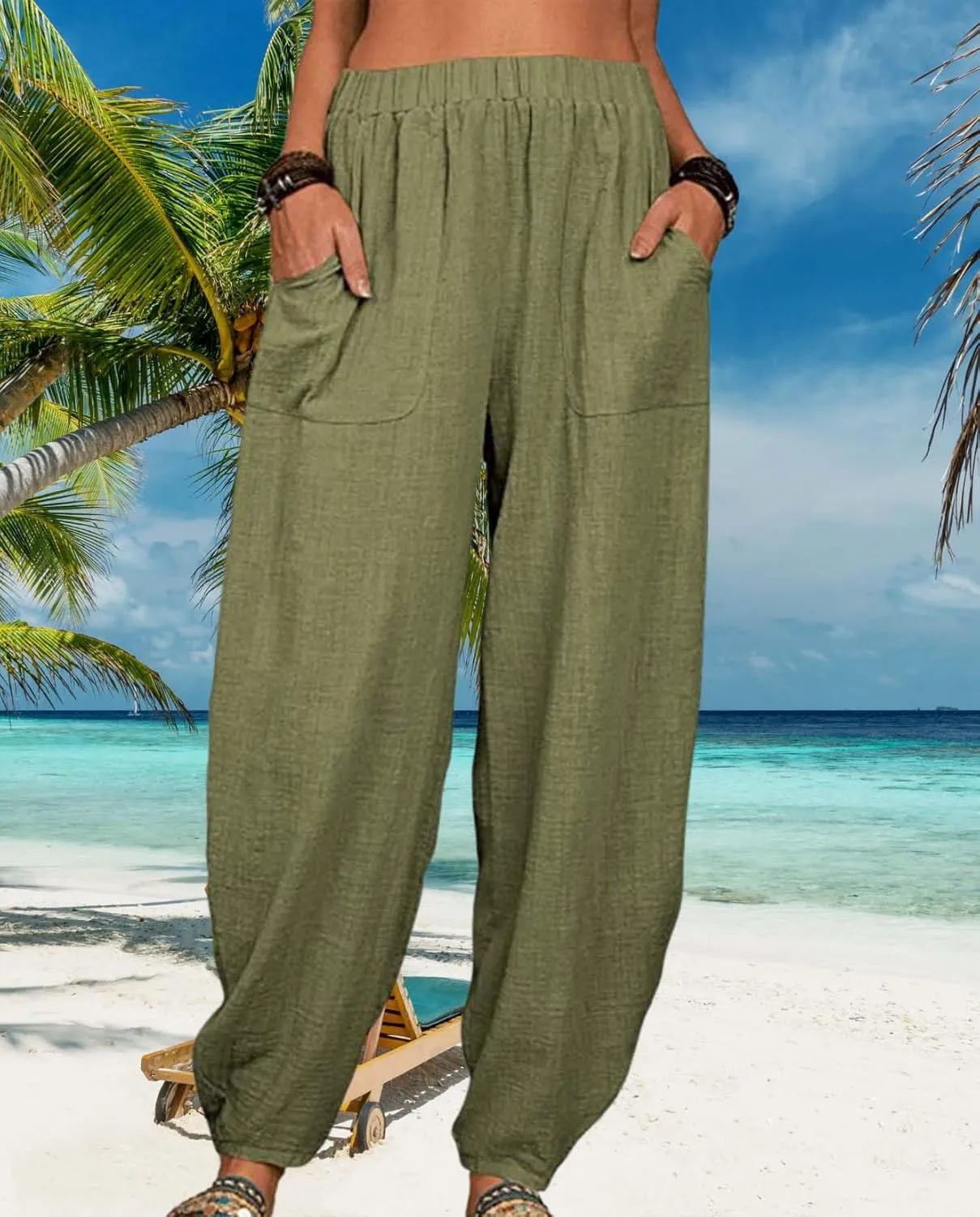 Womens Cotton Linen Harem Pants Lightweight Elastic Waist Wide Leg Yoga Pants Casual Loose Fit Trousers with Pockets