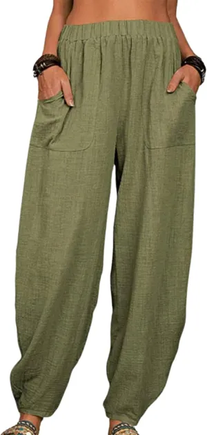 Womens Cotton Linen Harem Pants Lightweight Elastic Waist Wide Leg Yoga Pants Casual Loose Fit Trousers with Pockets