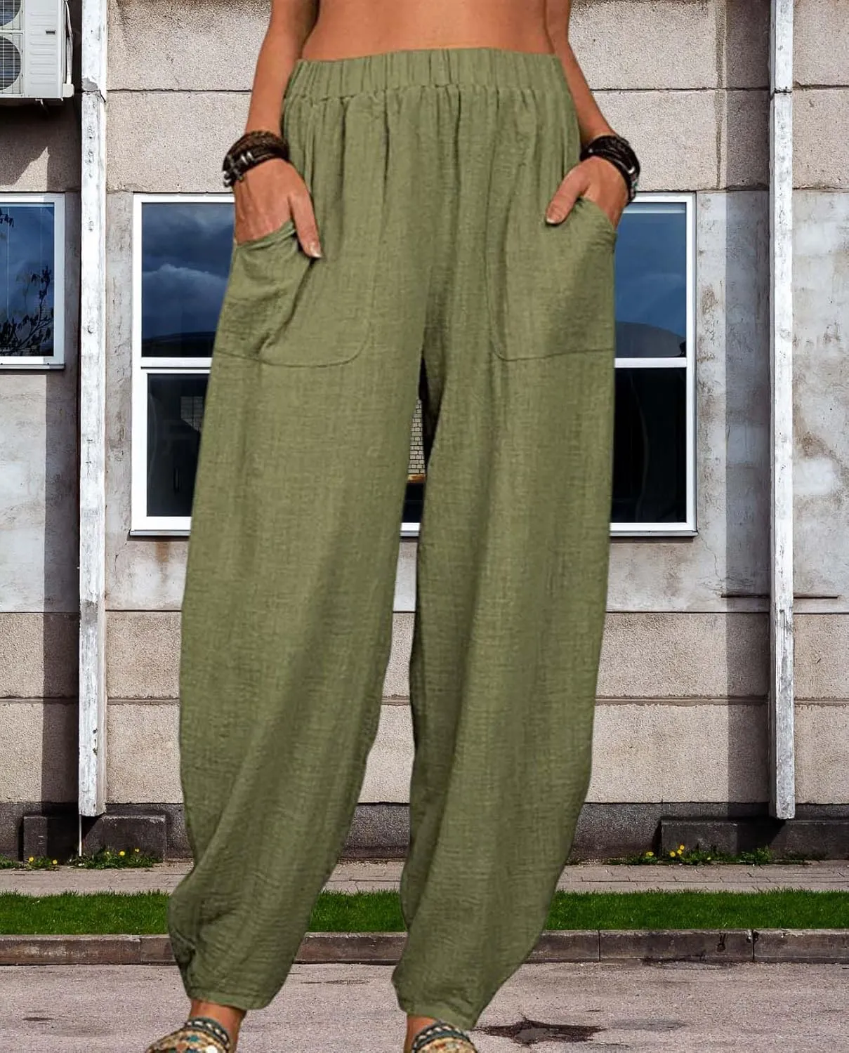 Womens Cotton Linen Harem Pants Lightweight Elastic Waist Wide Leg Yoga Pants Casual Loose Fit Trousers with Pockets