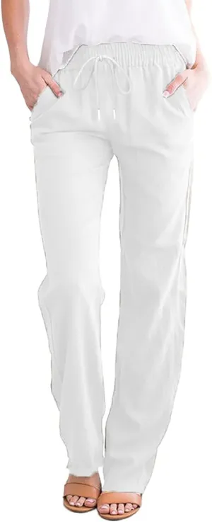 Womens Cotton Linen Pants 2025 Casual Elastic High Waisted Straight Leg Lounge Pant Summer Long Trousers with Pockets