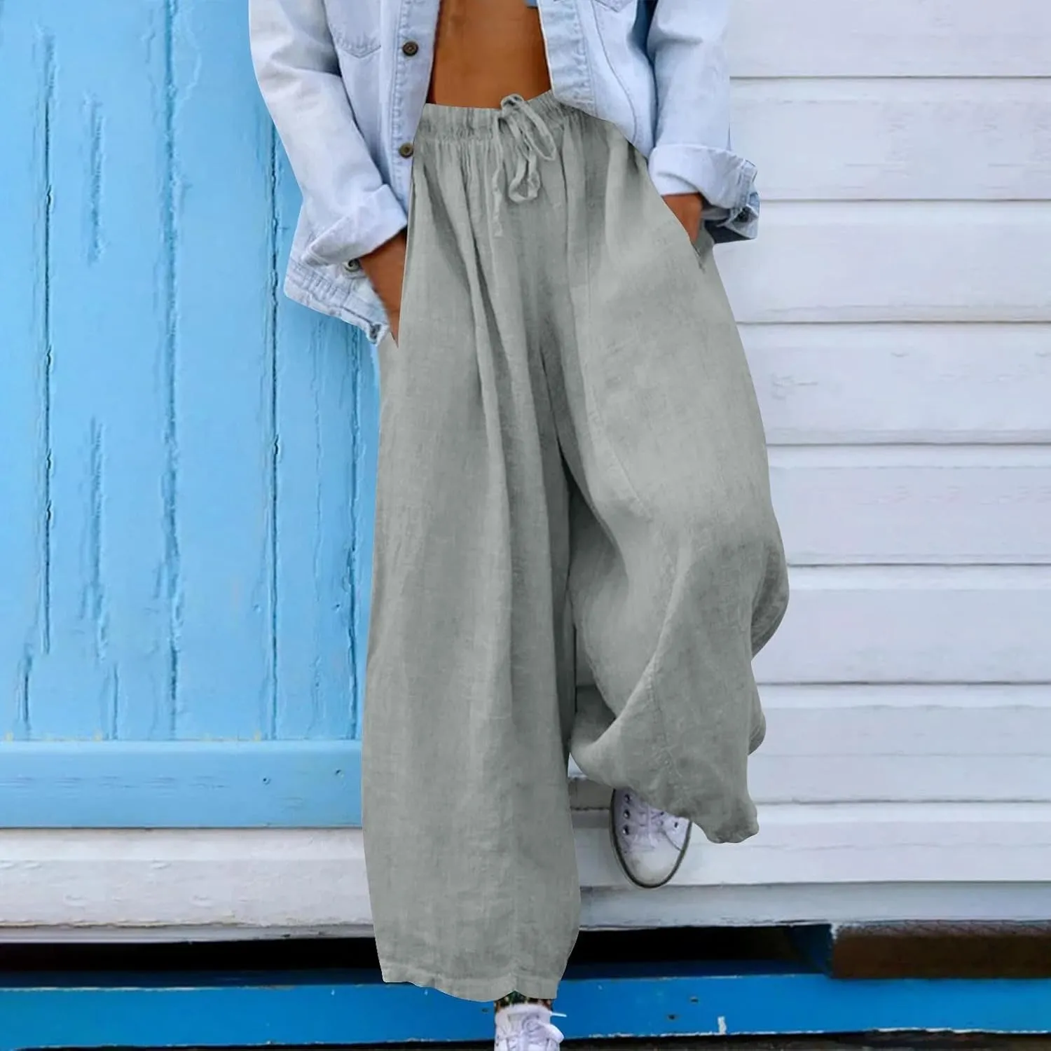 Women's Cotton Linen Pants 2025 Summer Elastic Waist Straight Leg Relax Comfy Solid Color Casual Long Trouser