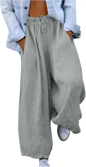 Women's Cotton Linen Pants 2025 Summer Elastic Waist Straight Leg Relax Comfy Solid Color Casual Long Trouser