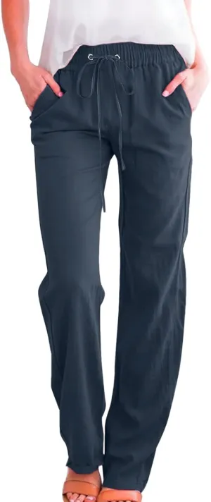 Womens Cotton Linen Pants Casual Lightweight Summer Relax Fit Elastic Waist Plus Size Solid Lounge Long Trousers