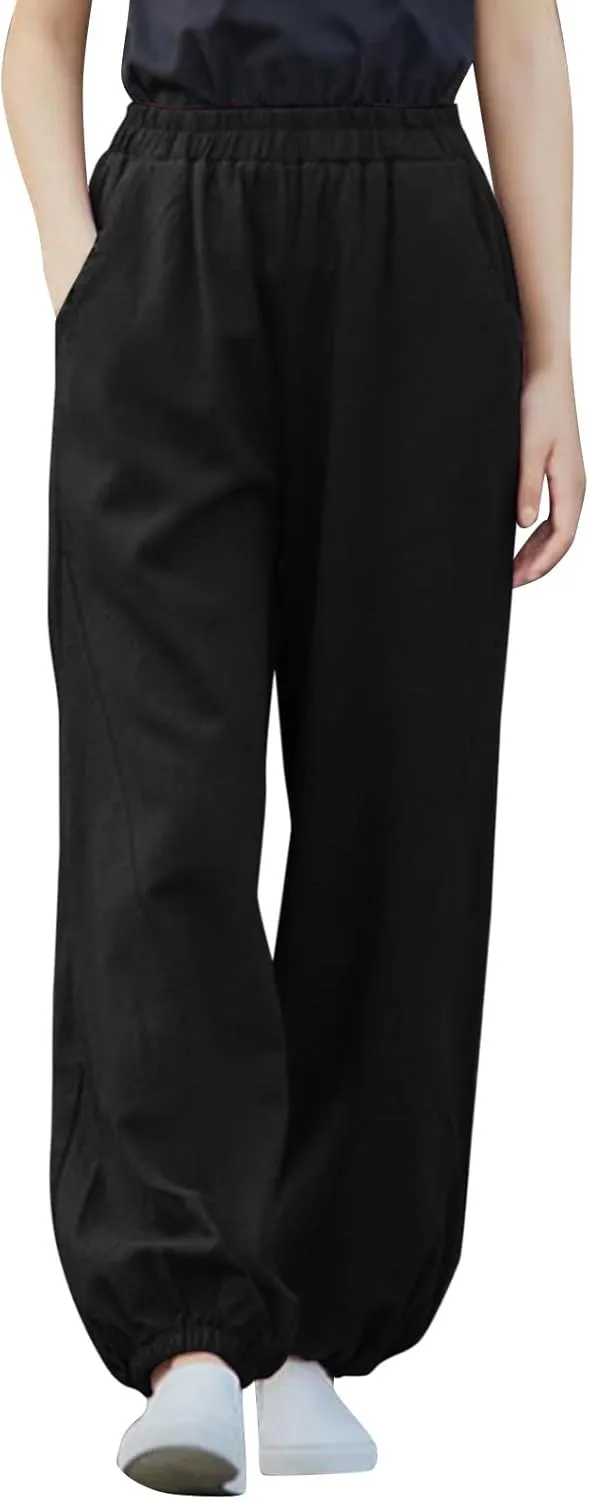 Womens Cotton Linen Trousers High Waist Elastic Waist Jogger Pants Solid Casual Wide Leg Pant Summer Vacation Clothes
