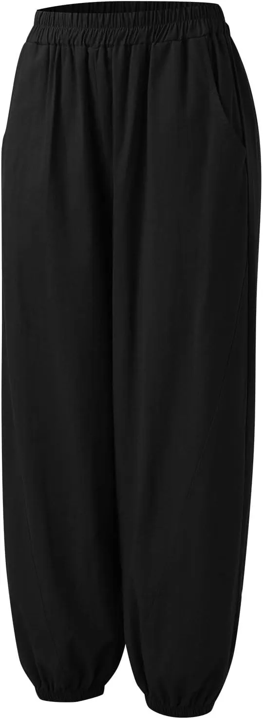 Womens Cotton Linen Trousers High Waist Elastic Waist Jogger Pants Solid Casual Wide Leg Pant Summer Vacation Clothes