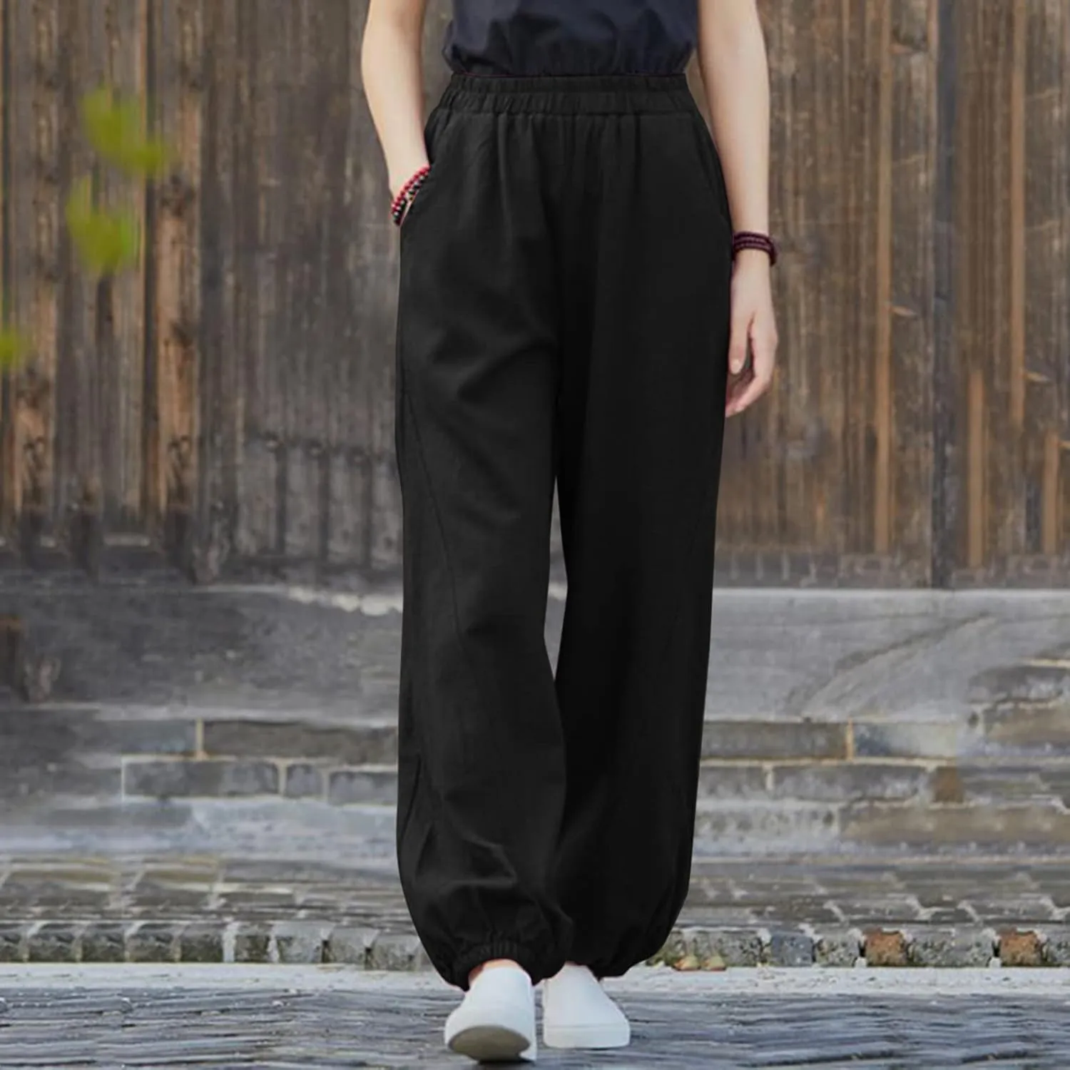 Womens Cotton Linen Trousers High Waist Elastic Waist Jogger Pants Solid Casual Wide Leg Pant Summer Vacation Clothes
