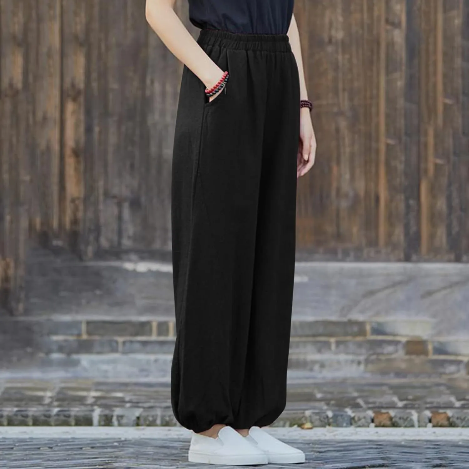 Womens Cotton Linen Trousers High Waist Elastic Waist Jogger Pants Solid Casual Wide Leg Pant Summer Vacation Clothes