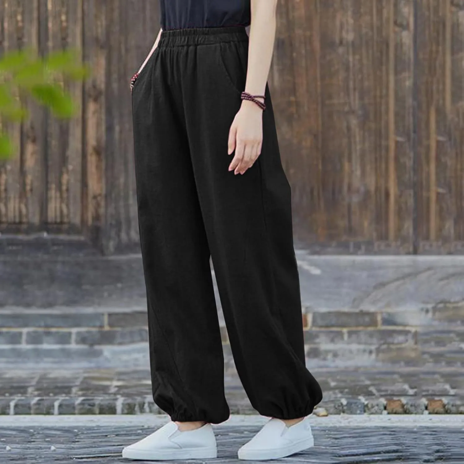 Womens Cotton Linen Trousers High Waist Elastic Waist Jogger Pants Solid Casual Wide Leg Pant Summer Vacation Clothes
