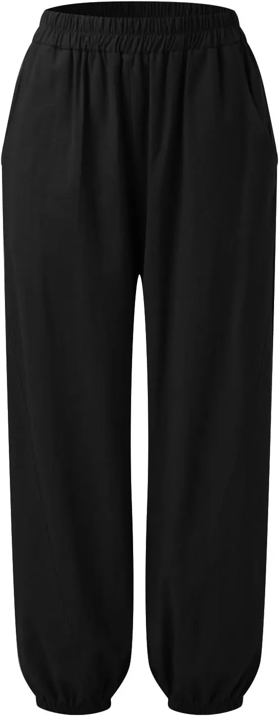 Womens Cotton Linen Trousers High Waist Elastic Waist Jogger Pants Solid Casual Wide Leg Pant Summer Vacation Clothes