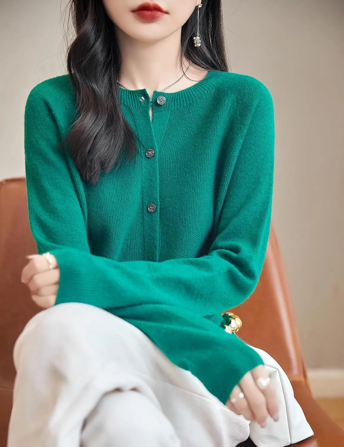 Women's Crewneck 100% Merino Wool Sweater 2025 Spring Fall Solid Long Sleeve Seamless Knitted Cardigan Sweater