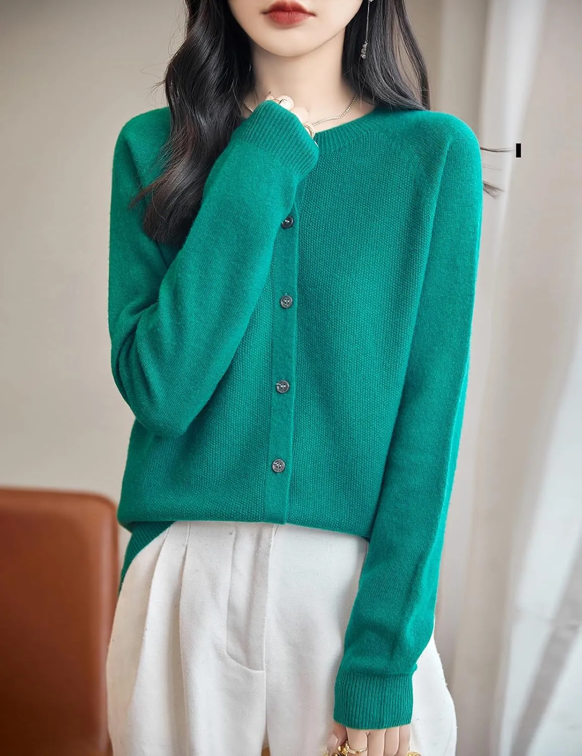 Women's Crewneck 100% Merino Wool Sweater 2025 Spring Fall Solid Long Sleeve Seamless Knitted Cardigan Sweater