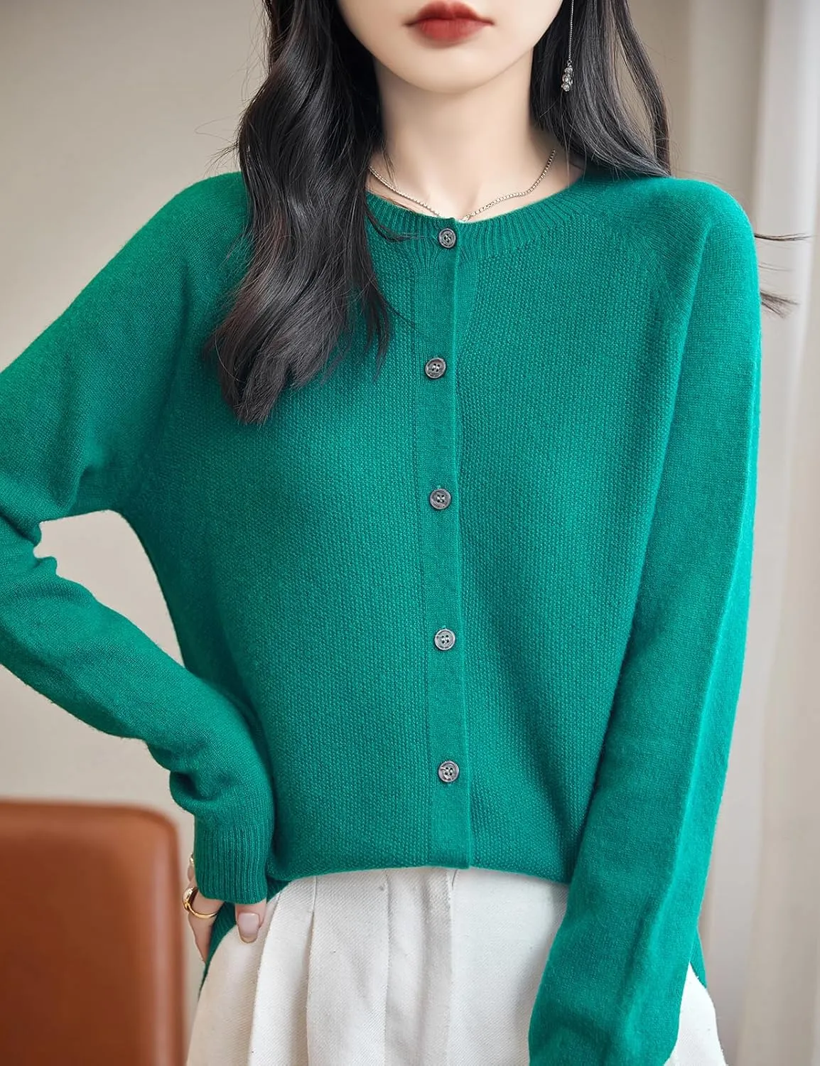 Women's Crewneck 100% Merino Wool Sweater 2025 Spring Fall Solid Long Sleeve Seamless Knitted Cardigan Sweater