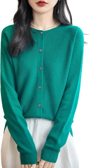 Women's Crewneck 100% Merino Wool Sweater 2025 Spring Fall Solid Long Sleeve Seamless Knitted Cardigan Sweater
