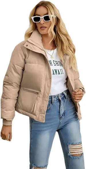 Women's Cropped Puffer Jacket Stand Collar Winter Warm Puffy Quilted Jackets Coats