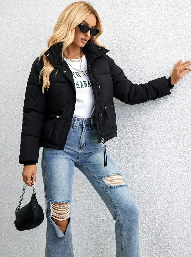 Women's Cropped Puffer Jacket Stand Collar Winter Warm Puffy Quilted Jackets Coats