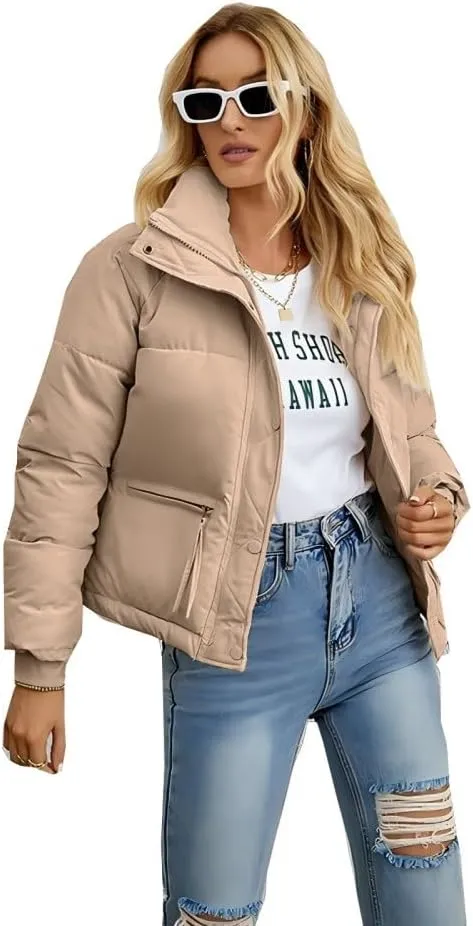 Women's Cropped Puffer Jacket Stand Collar Winter Warm Puffy Quilted Jackets Coats