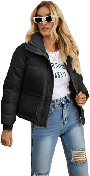 Women's Cropped Puffer Jacket Stand Collar Winter Warm Puffy Quilted Jackets Coats
